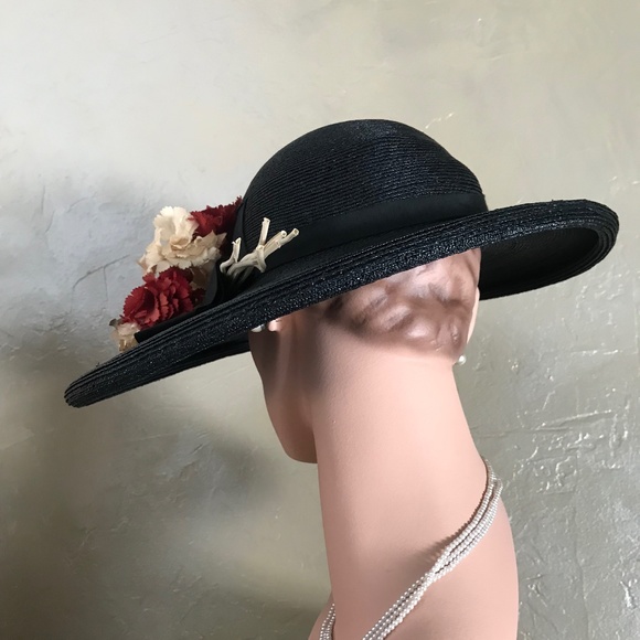 DAZZLING 1940s\' BLACK STRAW WIDE BRIM HAT WITH FABRIC \